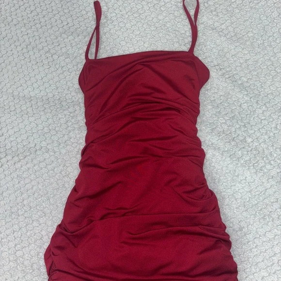 Chic Red Mini Dress with Ruched Details - Picture 1 of 1